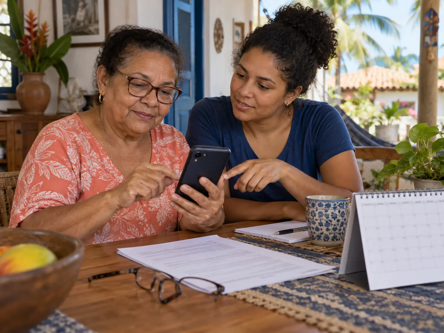 Mulher idosa usa um celular com apoio de uma pessoa mais jovem