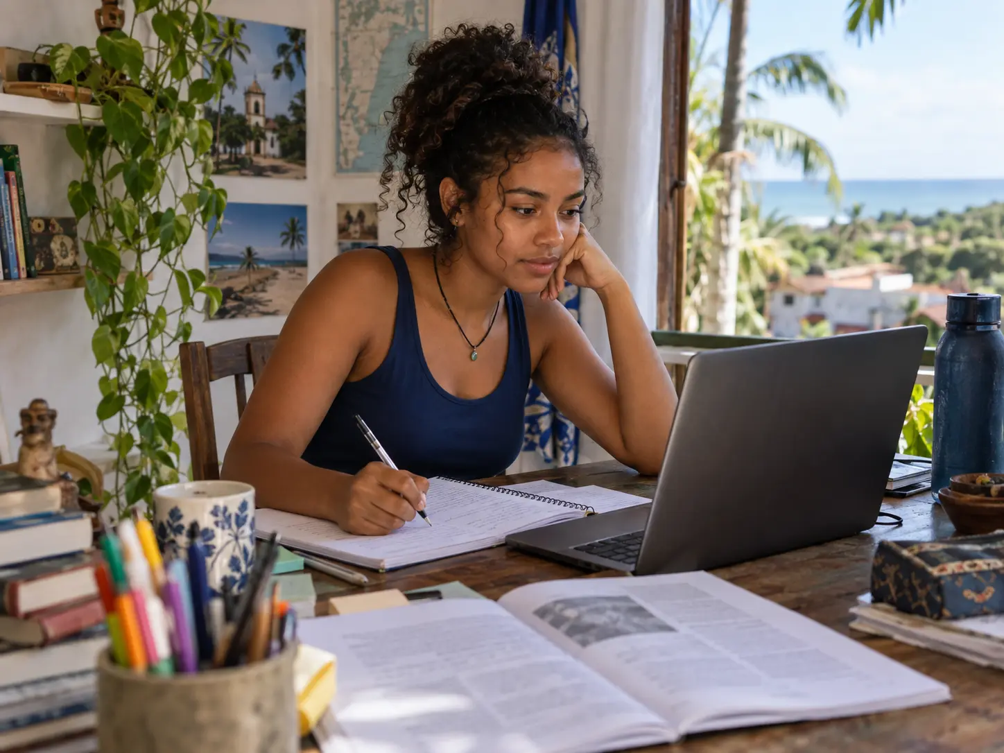 Estudante faz anotações enquanto usa um computador em casa